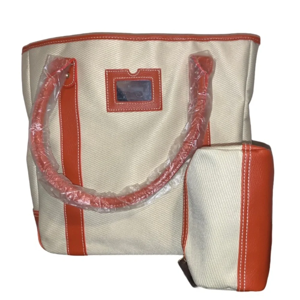 Estee Lauder Orange Leather Trim Cream Shoulder Bag Tote Purse with Pouch